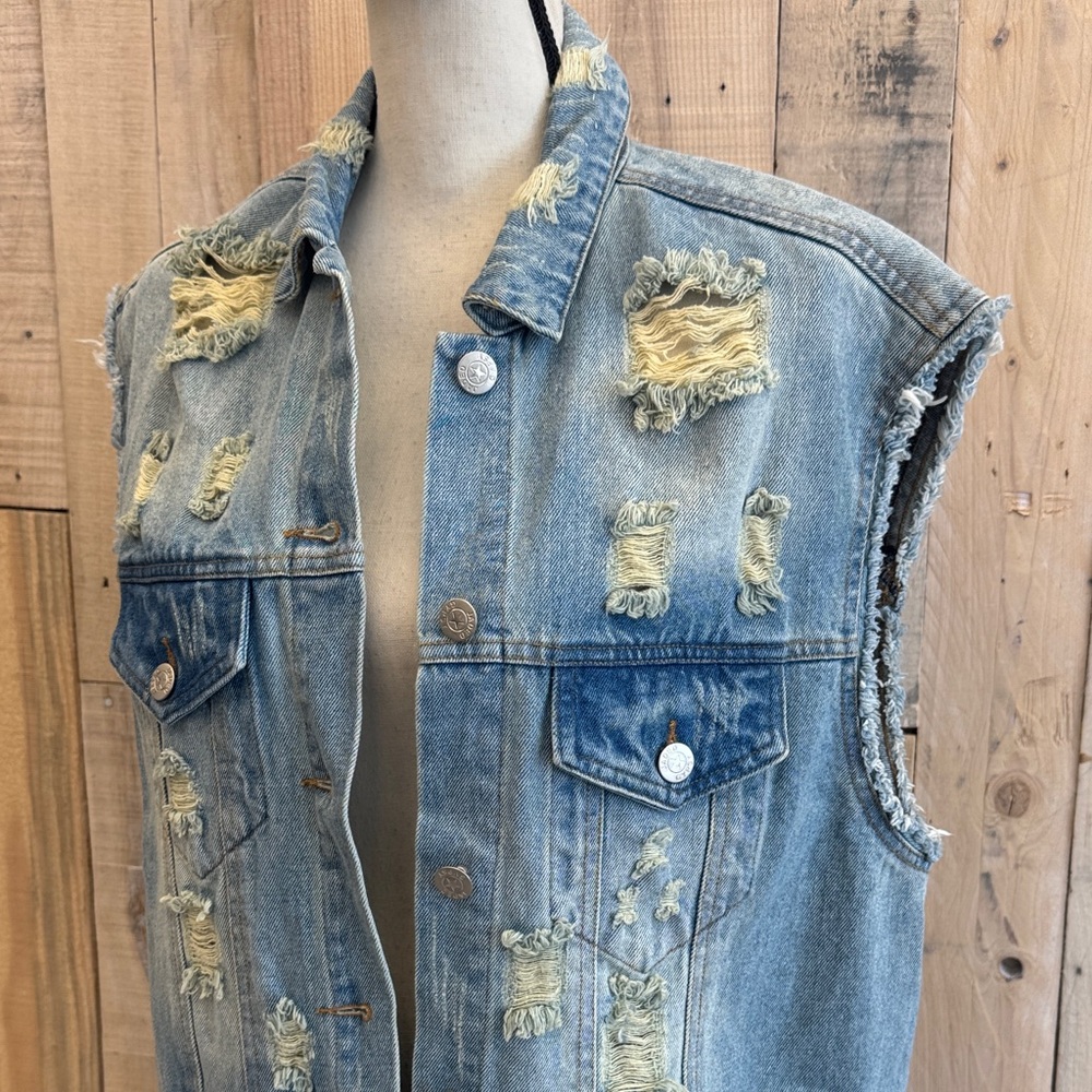 Distressed Denim Sleeveless Coat - Picture 2 of 5